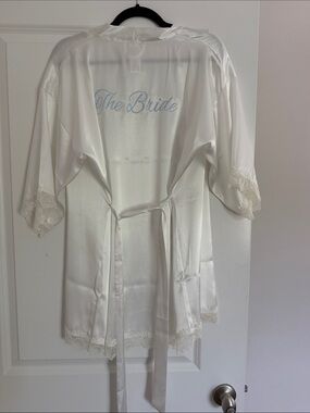 In Bloom White Satin Bridal Robe with Lace Trim